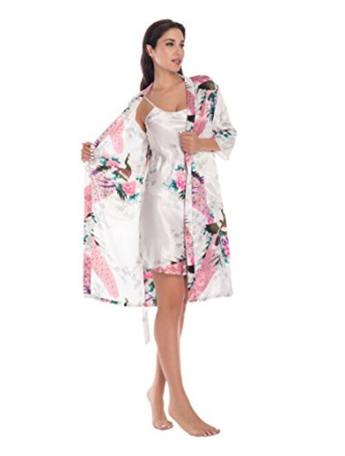 Women's Satin Floral Nightgown Loungewear Nightdress Camisole Robe 2PC Sleepwear Set