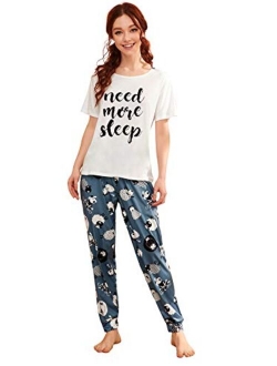 DIDK Women's Cartoon Print Top and Polka Dots Pants Pajama Set