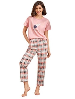 DIDK Women's Cartoon Print Top and Polka Dots Pants Pajama Set