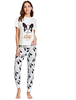 DIDK Women's Cartoon Print Top and Polka Dots Pants Pajama Set