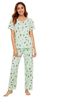 DIDK Women's Cartoon Print Top and Polka Dots Pants Pajama Set