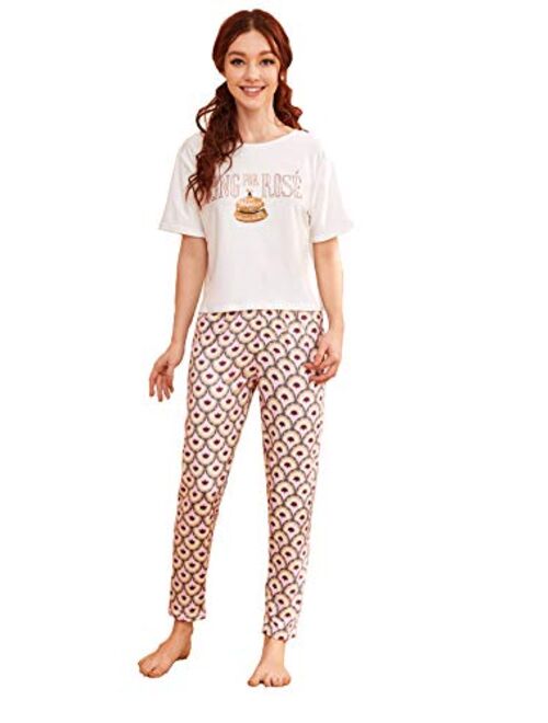 DIDK Women's Cartoon Print Top and Polka Dots Pants Pajama Set