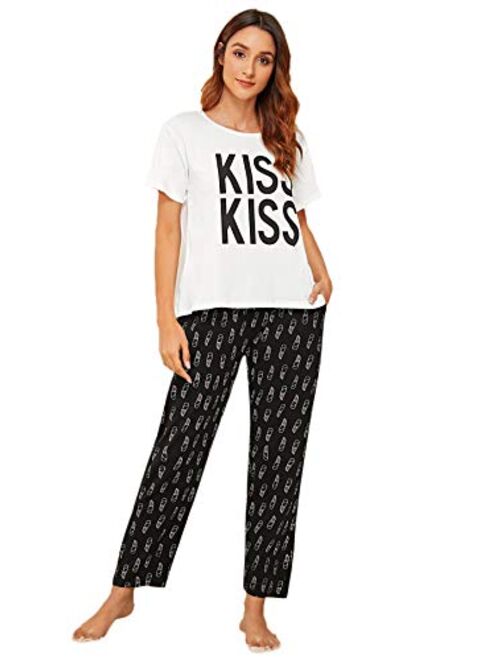 DIDK Women's Cartoon Print Top and Polka Dots Pants Pajama Set