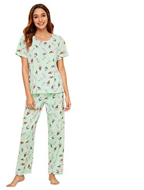 DIDK Women's Cartoon Print Top and Polka Dots Pants Pajama Set