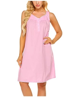 Women's Nightgown Sleepwear Cotton Sleeveless Sleep Dress V Neck Nightwear Loungewear