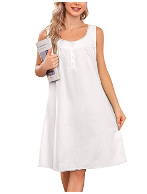 Ekouaer Women's Nightgown Sleepwear Cotton Sleeveless Sleep Dress V Neck Nightwear Loungewear