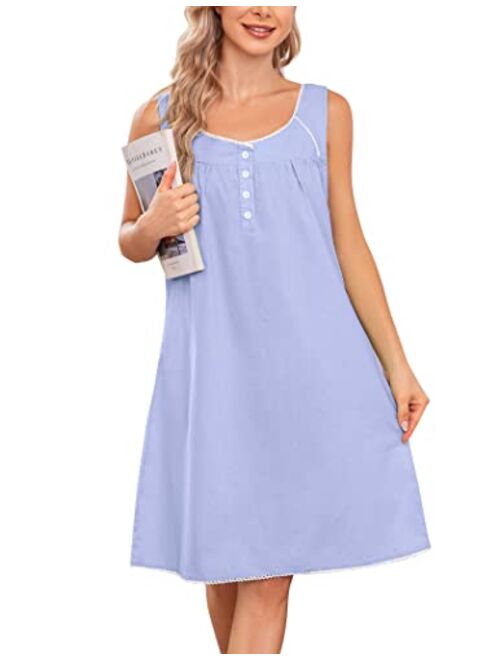 Ekouaer Women's Nightgown Sleepwear Cotton Sleeveless Sleep Dress V Neck Nightwear Loungewear