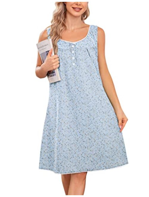 Ekouaer Women's Nightgown Sleepwear Cotton Sleeveless Sleep Dress V Neck Nightwear Loungewear