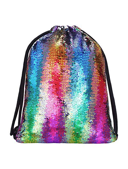 Alritz Mermaid Sequin Drawstring Bags Reversible Sequin Dance Bags Gym Backpacks for Girls Kids