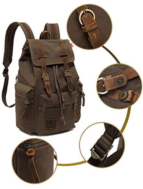 P.KU.VDSL Canvas Vintage Backpack, Leather Hiking Daypack Laptop Travel Backpacks Bag