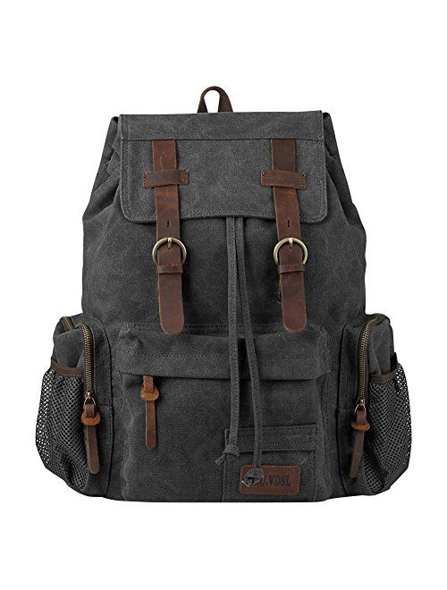 P.KU.VDSL Canvas Vintage Backpack, Leather Hiking Daypack Laptop Travel Backpacks Bag