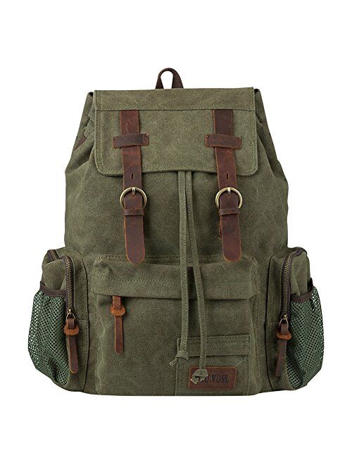 P.KU.VDSL Canvas Vintage Backpack, Leather Hiking Daypack Laptop Travel Backpacks Bag