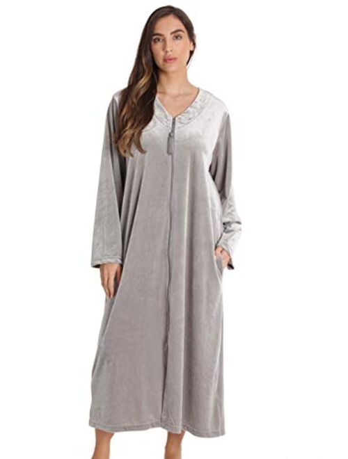 Just Love Stretch Velour Embroidered Zipper Lounger Robe for Women with Pockets