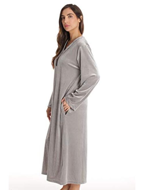 Just Love Stretch Velour Embroidered Zipper Lounger Robe for Women with Pockets