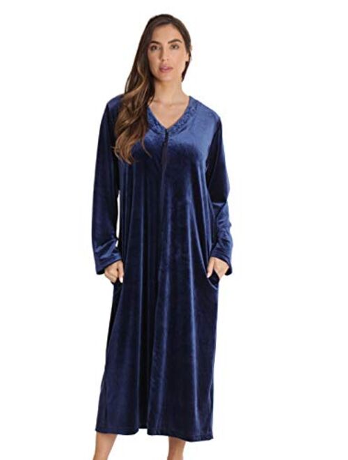 Just Love Stretch Velour Embroidered Zipper Lounger Robe for Women with Pockets