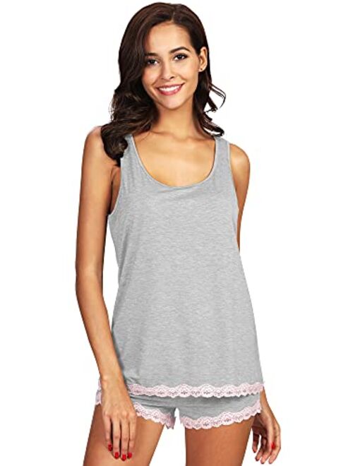 WiWi Womens Bamboo Viscose Pajamas Soft Pajama Set Lace Trim Sleepwear Slips Tank Top with Shorts Pjs S-4X