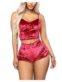 Women's Vintage Velvet 2 piece outfit Spaghetti Strap Crop Top and Shorts