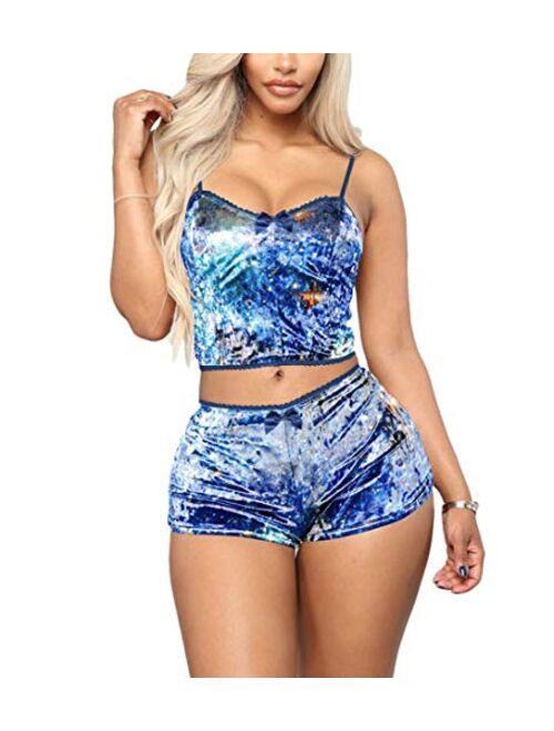 Women's Vintage Velvet 2 piece outfit Spaghetti Strap Crop Top and Shorts