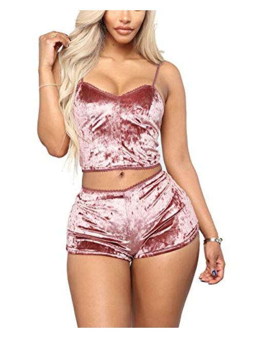 Women's Vintage Velvet 2 piece outfit Spaghetti Strap Crop Top and Shorts