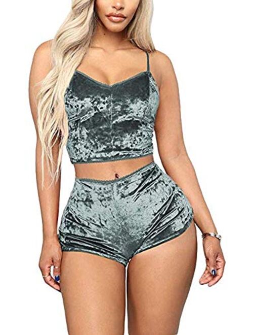 Women's Vintage Velvet 2 piece outfit Spaghetti Strap Crop Top and Shorts