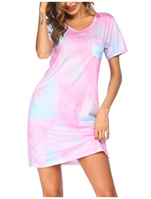 Ekouaer Nightgown Women's Nightgshirt for Sleeping Short Sleeve Nightdress with Pocket Soft Slim Sleepwear Shirt S-XXL