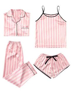Women's Sleepwear 4pcs Satin Cami with Shirt Pajama Set