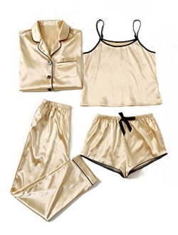 Women's Sleepwear 4pcs Satin Cami with Shirt Pajama Set