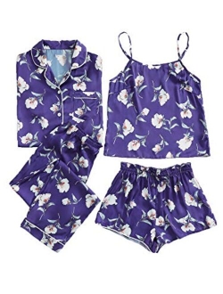 Women's Sleepwear 4pcs Satin Cami with Shirt Pajama Set