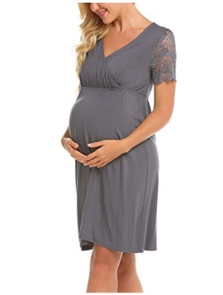 MAXMODA Womens Maternity Gowns Short Sleeve Nightgowns Lace Nursing Sleepwear Breastfeeding Nightshirts, S-XXL