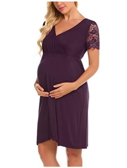 MAXMODA Womens Maternity Gowns Short Sleeve Nightgowns Lace Nursing Sleepwear Breastfeeding Nightshirts, S-XXL