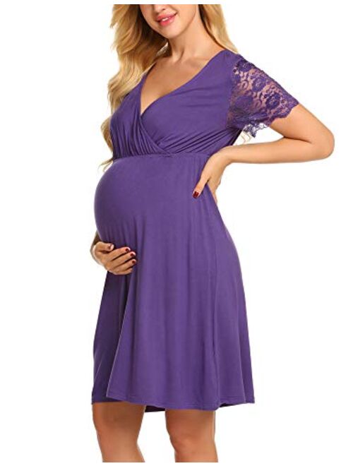 MAXMODA Womens Maternity Gowns Short Sleeve Nightgowns Lace Nursing Sleepwear Breastfeeding Nightshirts, S-XXL