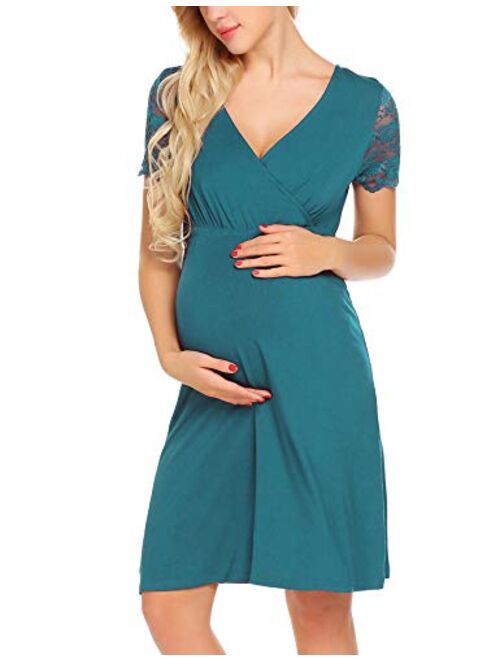 MAXMODA Womens Maternity Gowns Short Sleeve Nightgowns Lace Nursing Sleepwear Breastfeeding Nightshirts, S-XXL