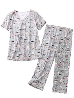 Aoymay Women's Pajama Sets Short Tops with Capri Pants Cotton Sleepwear Ladies Sleep Sets