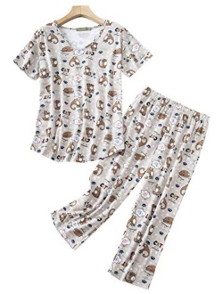 Aoymay Women's Pajama Sets Short Tops with Capri Pants Cotton Sleepwear Ladies Sleep Sets