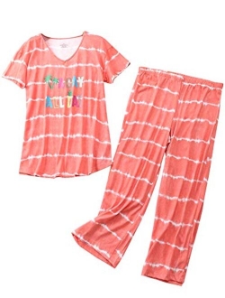 Aoymay Women's Pajama Sets Short Tops with Capri Pants Cotton Sleepwear Ladies Sleep Sets