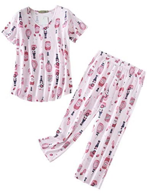 Aoymay Women's Pajama Sets Short Tops with Capri Pants Cotton Sleepwear Ladies Sleep Sets