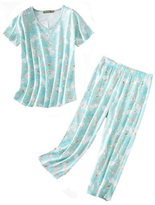 Aoymay Women's Pajama Sets Short Tops with Capri Pants Cotton Sleepwear Ladies Sleep Sets