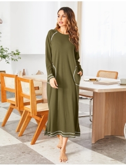 Women's Nightshirt Long Sleeve Nightgown Round Neck Sleepwear Full Length Pajama Dress with Pockets Loungewear S-XXL