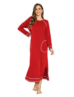 Women's Nightshirt Long Sleeve Nightgown Round Neck Sleepwear Full Length Pajama Dress with Pockets Loungewear S-XXL