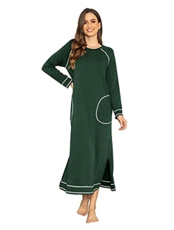 Women's Nightshirt Long Sleeve Nightgown Round Neck Sleepwear Full Length Pajama Dress with Pockets Loungewear S-XXL