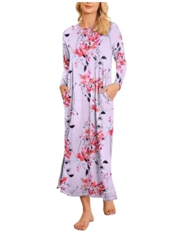 Women's Nightshirt Long Sleeve Nightgown Round Neck Sleepwear Full Length Pajama Dress with Pockets Loungewear S-XXL