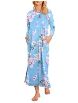 Women's Nightshirt Long Sleeve Nightgown Round Neck Sleepwear Full Length Pajama Dress with Pockets Loungewear S-XXL