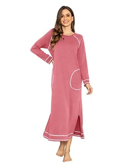 Women's Nightshirt Long Sleeve Nightgown Round Neck Sleepwear Full Length Pajama Dress with Pockets Loungewear S-XXL