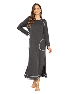 Women's Nightshirt Long Sleeve Nightgown Round Neck Sleepwear Full Length Pajama Dress with Pockets Loungewear S-XXL