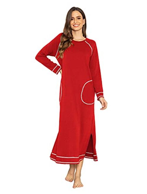 Ekouaer Women's Nightshirt Long Sleeve Nightgown Round Neck Sleepwear Full Length Pajama Dress with Pockets Loungewear S-XXL