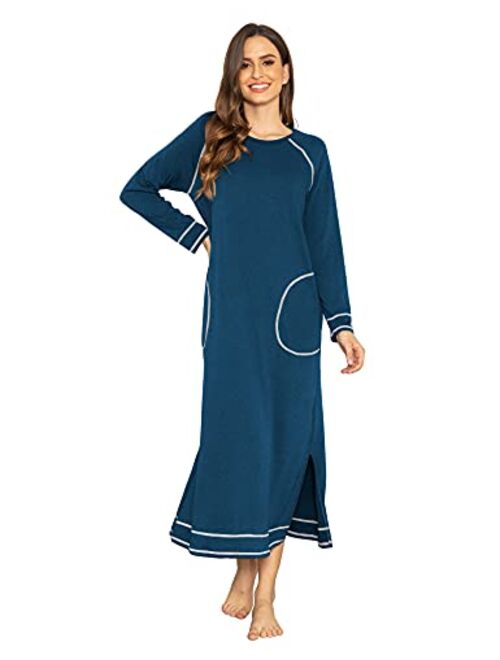 Ekouaer Women's Nightshirt Long Sleeve Nightgown Round Neck Sleepwear Full Length Pajama Dress with Pockets Loungewear S-XXL