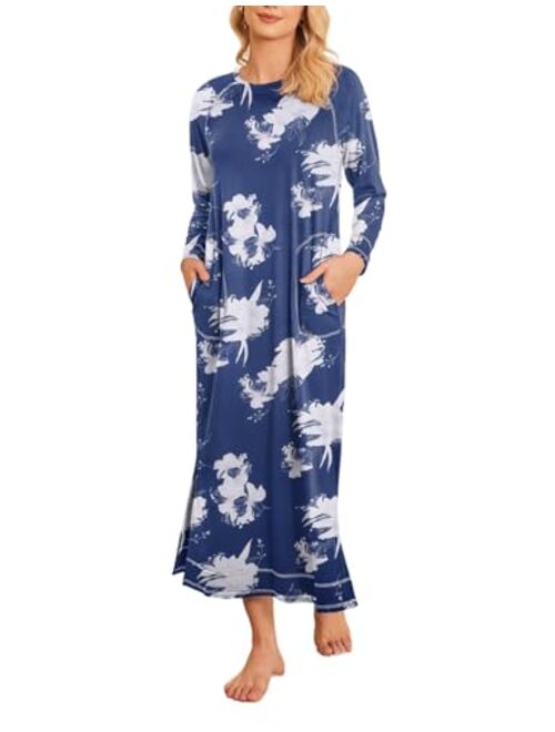 Ekouaer Women's Nightshirt Long Sleeve Nightgown Round Neck Sleepwear Full Length Pajama Dress with Pockets Loungewear S-XXL