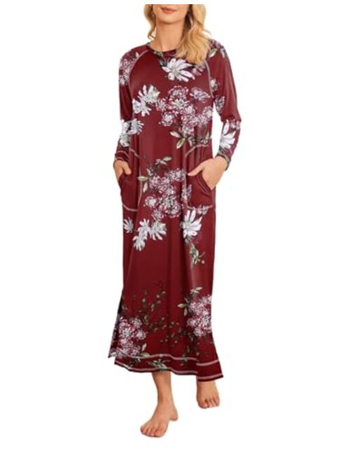 Ekouaer Women's Nightshirt Long Sleeve Nightgown Round Neck Sleepwear Full Length Pajama Dress with Pockets Loungewear S-XXL