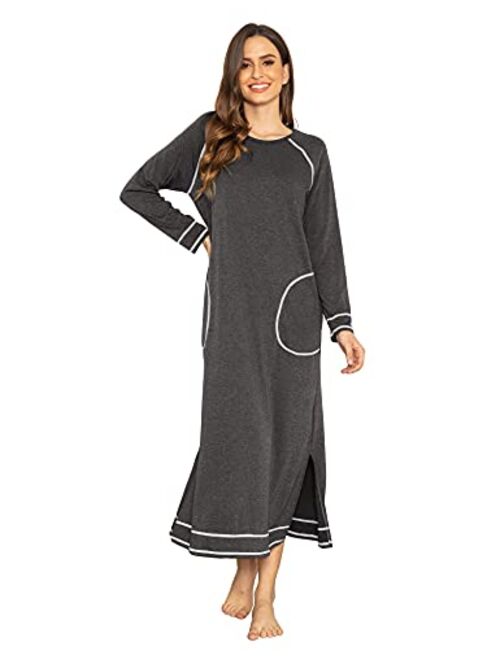 Ekouaer Women's Nightshirt Long Sleeve Nightgown Round Neck Sleepwear Full Length Pajama Dress with Pockets Loungewear S-XXL