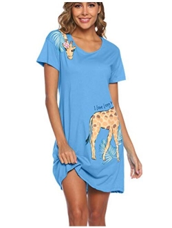 ENJOYNIGHT Sleepwear Women's Nightgown Printed Sleep Shirt Short Sleeve Sleep Tee Cotton Nightshirt